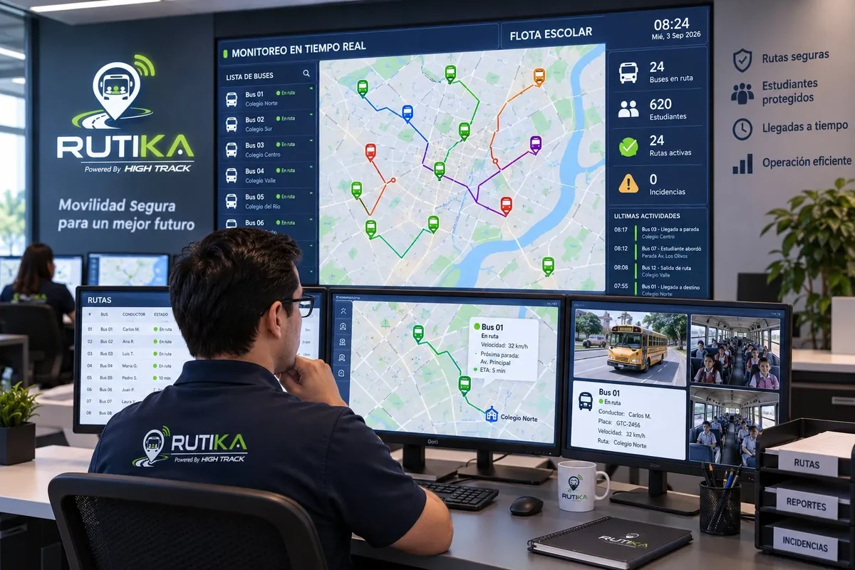 Central de monitoreo de Rutika con la flota escolar en el mapa